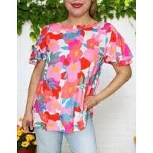 NWT Southern Stitch Bright Colorful Floral Top Womens Sz 2XL Tunic Blouse Ruffle